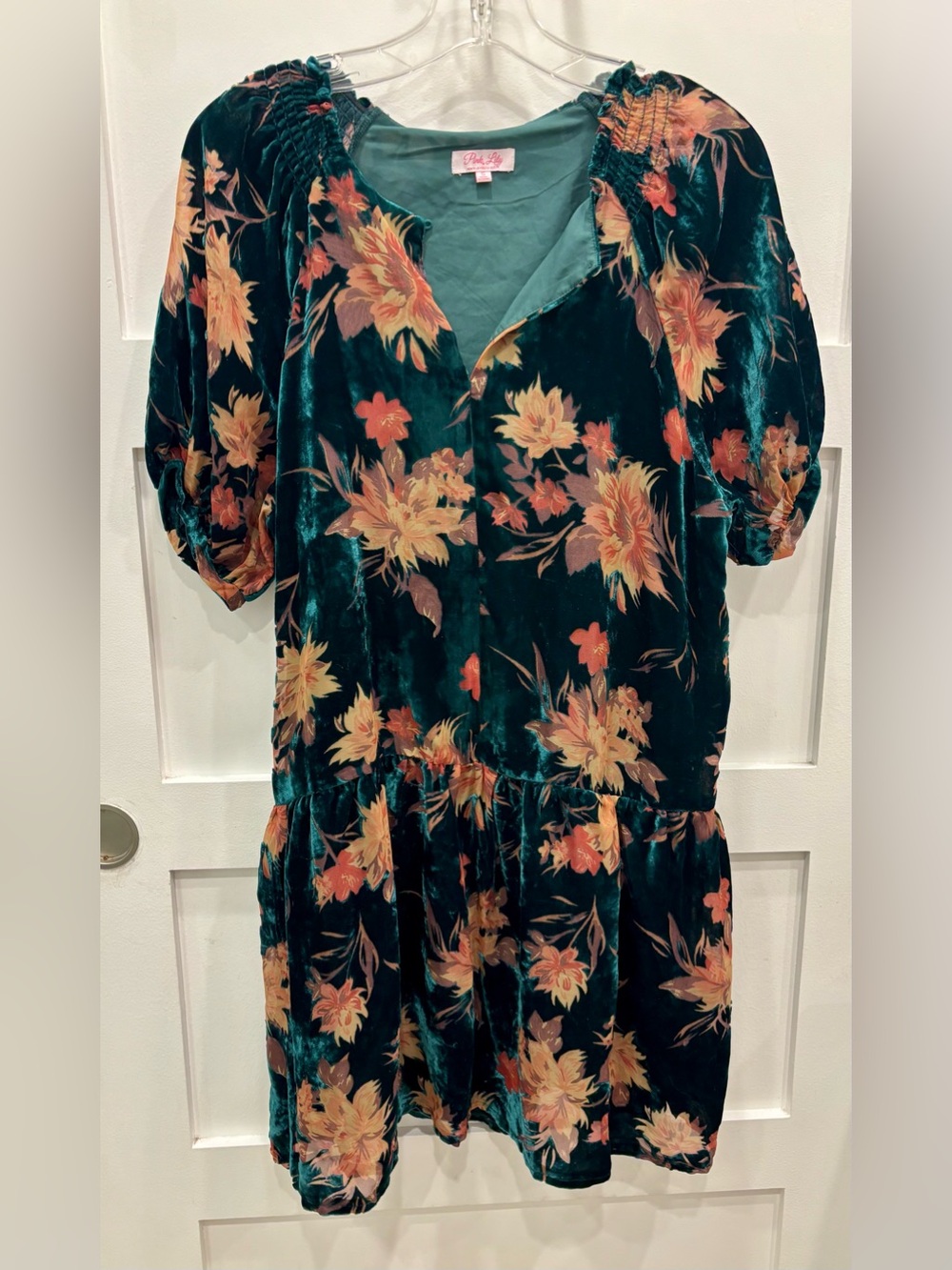 Pink Lily Emerald Green Velvet Burnout Midi Dress with Orange Fall Leaves